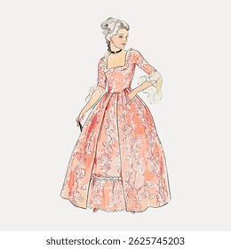 Illustration of a woman in a vintage pink dress with lace patterns. The dress features a classic design with elegant lace details and a flowing skirt. Vintage character art illustration vector.