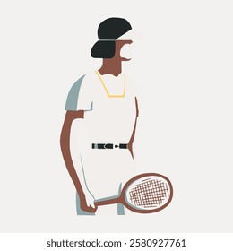 Illustration of a woman in a vintage tennis outfit holding a racket. The style is minimalist tennis attire and racket. No specific gender or ethnicity depicted. Vintage woman illustration vector.