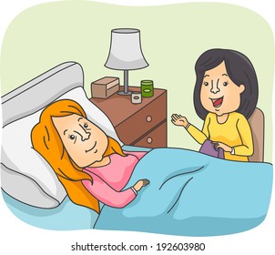 Illustration of a Woman Visiting a Bedridden Patient