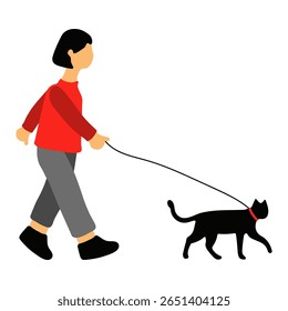 Ilustração de mulher caminhando gato na coleira