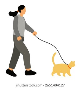Ilustração de mulher caminhando gato na coleira