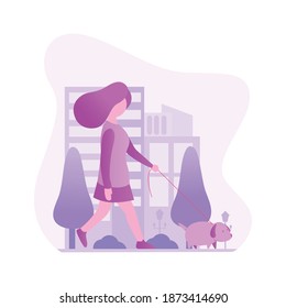 illustration of a woman walking with her pet dog. flat illustration