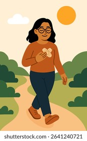 Illustration of a woman walking on a path with a bandage on her chest, symbolizing emotional healing and recovery. Flat style, mental health, inner strength, and self-care concept.