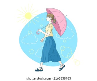 Illustration of a woman walking with a parasol on a sunny day. Blue sky, sun and clouds. Full body.