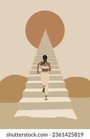 Illustration of woman walking up the stairs to the top of the pyramid shaped stairs to the sun, moon or star among hills in retro style