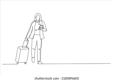 Illustration of woman Walking With Suitcase In Airport And Using Smartphone. One continuous line art style
