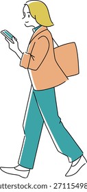 Ilustración de una mujer caminando mientras revisa su teléfono inteligente