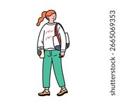 Illustration of a woman walking while looking back, carrying a takeout drink.