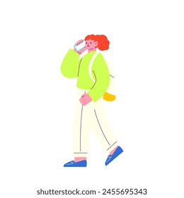 Ilustración de una mujer caminando mientras habla en un teléfono inteligente. Vector plano RGB aislado sobre fondo blanco.