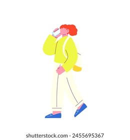 Ilustración de una mujer caminando mientras habla en un teléfono inteligente. Vector plano RGB aislado sobre fondo blanco.