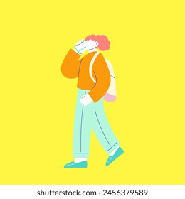 Ilustración de una mujer caminando mientras habla en un teléfono inteligente. Vector plano RGB aislado sobre fondo blanco.