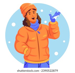 illustration of a woman in a warm jacket holding a snowflake