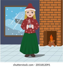 illustration of woman warming herself by the fireplace holding a glass in a room