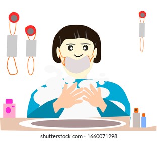 Illustration of a woman is washing her hands and wearing mask. Concept of protection of corona virus  or covid-19 that now spreading around the world.