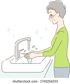 Illustration of a woman washing her hands with tap water