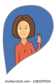 Illustration of a woman waving her palm. A greeting sign. The girl greets.