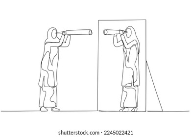 Illustration of woman wear hijab holding telescope looking into self in mirror. Single continuous line art style