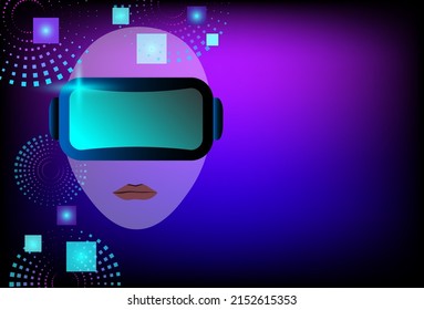 illustration of woman wearing 3D VR headset glasses for digital technology and metaverse concept with copy space in right side 