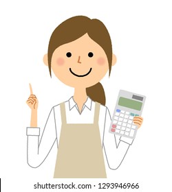 It is an illustration of a woman wearing an apron with a calculator.