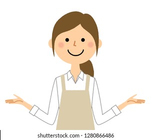 It is an illustration of a woman wearing an apron spreading both hands.