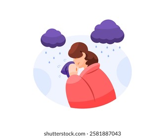 illustration of a woman wearing a blanket and using tissue because of flu. getting a fever and flu due to being caught in the rain. getting a cold due to being caught in the rain. health problems