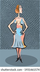 Illustration of a woman wearing a  blue dress