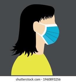 Illustration Of Woman Wearing Blue Surgical Mask COVID 19 Flat Design Vector