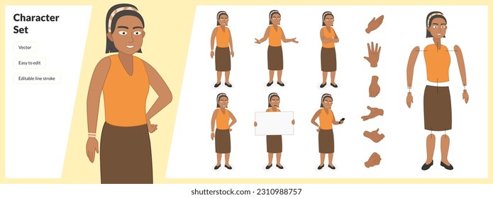 Illustration of woman, wearing business casual clothing in a set of multiple poses. Easy to edit with editable line strokes and isolated on white background. Suitable for animation.