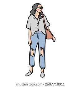 illustration of woman wearing casual clothes in cartoon style on white background