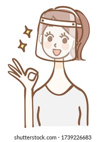 Illustration of a woman wearing a face shield
