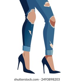Illustration of a woman wearing fashionable ripped jeans and high heels