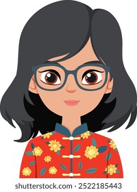 Ilustración de una mujer con gafas y atuendo floral