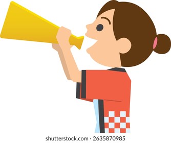 Illustration of a woman wearing a happi coat and shouting into a megaphone
