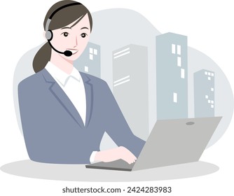 Ilustración de una mujer usando un auricular trabajando en una computadora portátil