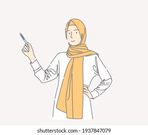 illustration of woman wearing hijab pointing up with pen and looking at the camera hand drawn vector, smiling muslim business woman can use for, landing page, template, web, , poster, banner, flyer