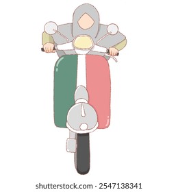 illustration of a woman wearing a hijab riding a green and pink vespa motorbike