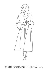 illustration of a woman wearing a hijab and skirt. line vector. hijab style