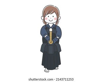 Illustration of a woman wearing a kendo kimono and holding it.