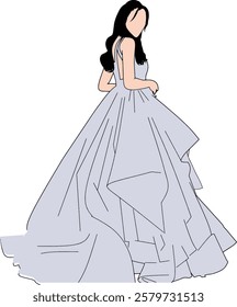 Illustration of a woman wearing a magnificent ball gown with intricate detailing, highlighting elegance and sophistication, perfect for fashion-related concepts or artistic designs.