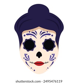 Illustration einer Frau, die Make-up für den Tag der Toten trägt und mit traditioneller Calavera-Gesichtsbemalung feiert