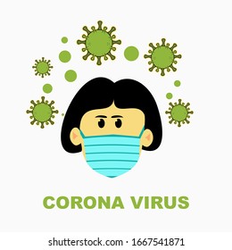 illustration of woman wearing a mask, corona virus outbreak from wuhan china, corona virus flat vector design for posters, banners, asian flu stickers covid-19 cartoon kawai