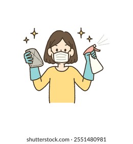 Illustration of woman wearing a mask and gloves, holding a rag and disinfectant spray, and cleaning