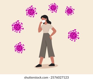 Illustration of a woman wearing a mask surrounded by virus particles. Highlights personal protection, hygiene, and the importance of masks during pandemics or viral outbreaks