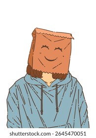 Illustration of a woman wearing a paper bag with a happy expression drawn, isolated from a white background