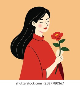 illustration of woman wearing red ao dai, holding roses