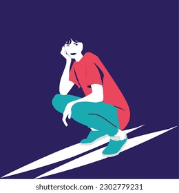 Illustration of a woman wearing a red shirt squatting in a dark atmosphere.  Flat design