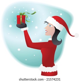 Illustration of woman wearing santa costume with a gift on her hand