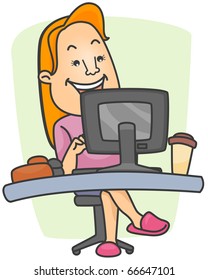 Illustration of a Woman Wearing Slippers at Her Workstation