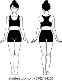Illustration of a woman wearing a sports-bra and shorts.	