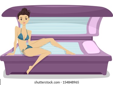 Illustration Of A Woman Wearing String Bikini Sitting On A Tanning Bed